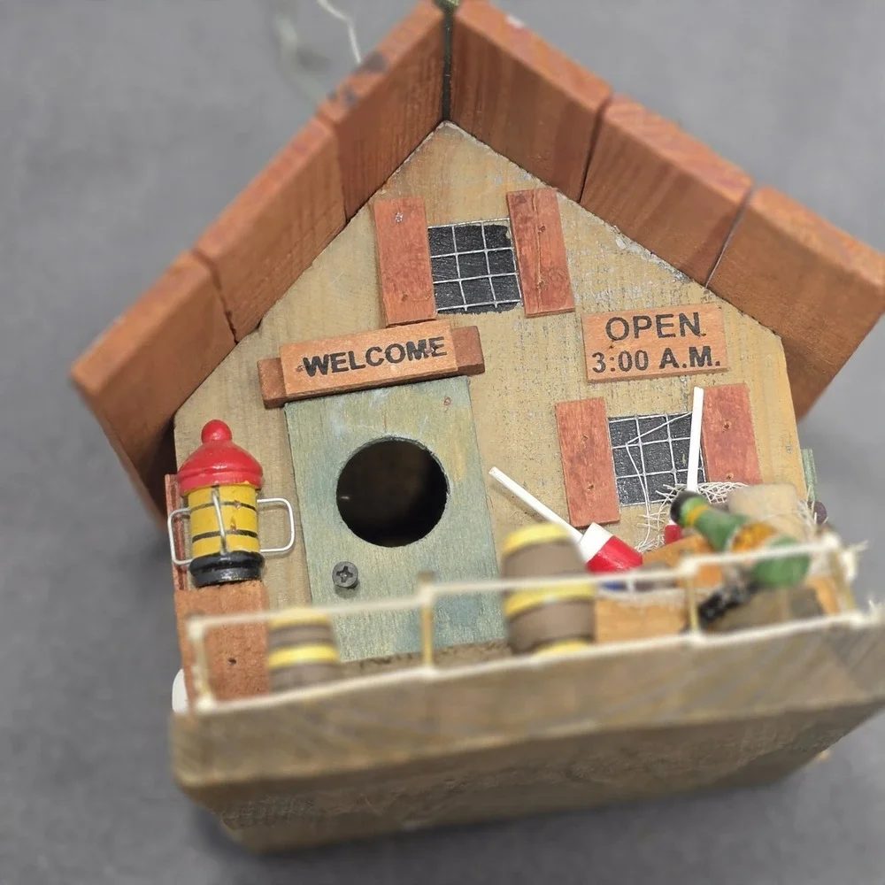 Vintage  Decorative Wooden Bird House Live Bait Shop Fishing Folk Art. J